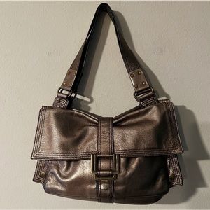 Kooba metallic bronze pewter leather satchel shoulder bag.